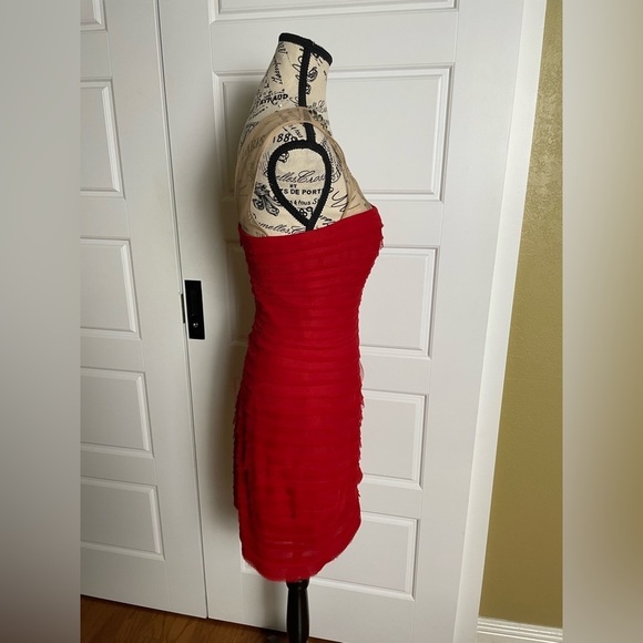 BCBG MAXAZRIA MAIA ROUGE RED COCKTAIL NUDE MESH TOP PINTUCK GEORGETTE DRESS 4 - Picture 5 of 9